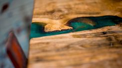 Industrial Design Vintage Orange Barrel Dolly With Live Edge Ambrosia Maple And Resin Top 4 small