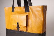 Leather Tote Bag - Fully Lined: Golden Yellow With Black Contrast 1 small