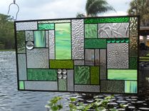 Stained Glass Patchwork Quilt Window Panel, Geometric Stained Glass Transom Window, Shades Of Green 3 small