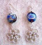 Handmade Lentil Lampwork Beads Silver Plated Chainmaille Earrings Blues, Greens, Violets, And Golds 2 small