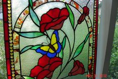 Fire Red & Peach Flowers With A Gentle Butterfly Stained Glass Panel 5 small