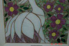 Mosaic Stained Glass White Bird Surrounded By Pink Flowers With Soft Green Backround 2 small