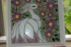Mosaic Stained Glass White Bird Surrounded By Pink Flowers With Soft Green Backround 3 small