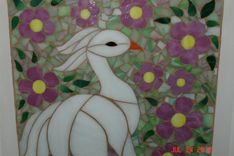 Mosaic Stained Glass White Bird Surrounded By Pink Flowers With Soft Green Backround 4 small