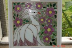 Mosaic Stained Glass White Bird Surrounded By Pink Flowers With Soft Green Backround 5 small