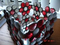 Red & White Flower Candle Holder Or Decorative Box In Stained Glass Nuggets 1 small