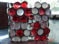 Red & White Flower Candle Holder Or Decorative Box In Stained Glass Nuggets 2 small