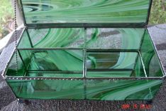 Green And White Swirled Stained Glass Jewelry Box With Dividers 4 small