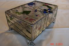 Stained Glass Jewelry Box W/ Dividers In Blue, Pink & Green With Marbled Feet 2 small