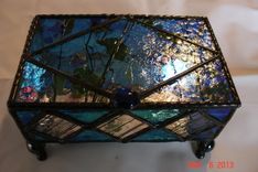 Jewelry Box In Colbalt Blue And Confetti Diamond Accents With Decorative Feet Stained Glass 1 small