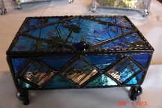Jewelry Box In Colbalt Blue And Confetti Diamond Accents With Decorative Feet Stained Glass 3 small
