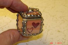 3/4 X 3/4 X 3/4 Tiny Ring Stained Glass Box In Creamy Orange And White With Etched Hearts 5 small