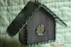 Mini Birdhouse In Feather Pink With Purple / Pink Swirled Roof 3 small