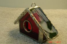 Empty Nest Bird House Ornament In Classic Red With Pink / Green Streamer Roof 1 small