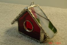 Empty Nest Bird House Ornament In Classic Red With Pink / Green Streamer Roof 2 small