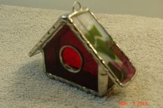 Empty Nest Bird House Ornament In Classic Red With Pink / Green Streamer Roof 5 small