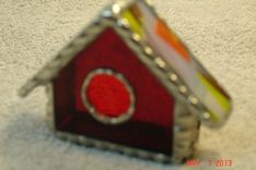 Empty Nest Bird House Ornament In Classic Red With Bright Orange And Yellow Roof Stained Glass 2 small