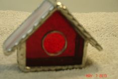 Empty Nest Bird House Ornament In Classic Red With Bright Orange And Yellow Roof Stained Glass 3 small