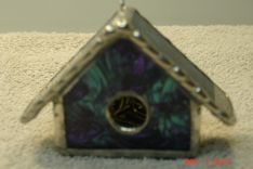 Empty Nest Bird House Ornament In Van Gogh Blue Green / Violet Stained Glass 1 small