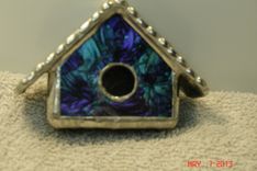 Empty Nest Bird House Ornament In Van Gogh Blue Green / Violet Stained Glass 3 small