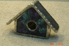 Empty Nest Bird House Ornament In Van Gogh Blue Green / Violet Stained Glass 4 small