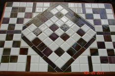 Multi Leveled Mosaic End Table With White Tiles And Green & Burgandy Glass 2 small