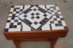Multi Leveled Mosaic End Table With White Tiles And Green & Burgandy Glass 5 small