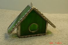 Empty Nest Bird House Ornament In Bright Green With White And Green Swirled Roof In Stained Glass 1 small