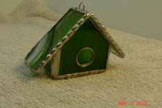 Empty Nest Bird House Ornament In Bright Green With White And Green Swirled Roof In Stained Glass 2 small
