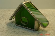 Empty Nest Bird House Ornament In Bright Green With White And Green Swirled Roof In Stained Glass 3 small