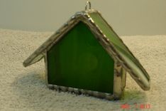 Empty Nest Bird House Ornament In Bright Green With White And Green Swirled Roof In Stained Glass 4 small