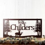 Personalized Rectangular Metal Family Name Plaque with Buck, Doe Deer, and Pine Trees 1 small