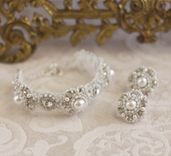 Diamanta Bracelet And Matching Earrings | Pearl, Lace Bridal Cuff And Studs 1 small