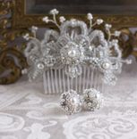 Custom Lace And Pearl Iris Hair Ornament With Matching Stud Earrings 4 small