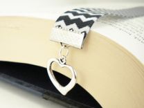 Black And White Chevron Ribbon Bookmark With Heart Charm 1 small