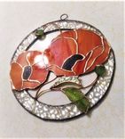 Orange Poppies - Round Stained Glass Panel/ Sun Catcher With 3d Leaves And Buds 2 small