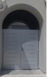 Contemporary Dual Entry Metal Gate with Horizontal slits and privacy #2088 R. O. width 72" by 72" H 1 small
