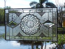 Vintage Stained Glass Plate Panel - Depression Glass Fostoria American Window Valance 3 small