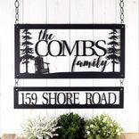 Personalized Metal Family Name and Address Sign with Adirondack Chair and Cedar Trees 1 small