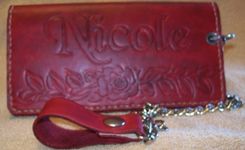 Custom Leather Biker Wallet With Roses, Personalization And In Cranberry Red 1 small