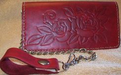 Custom Leather Biker Wallet With Roses, Personalization And In Cranberry Red 2 small
