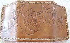 Custom Leather Deluxe Trifold Wallet With Rose Design In Saddle Stain 1 small