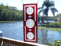 Depression Glass Stained Glass Transom Window, 1930s Duncan Miller Plate Stained Glass Plate Panel 3 small