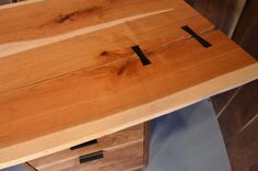 8' Cherry Slab Custom Desk With Walnut Drawers And Ebony Butterflies. 1 small