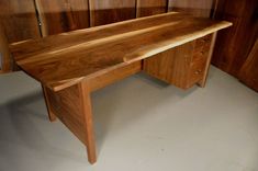 7' Walnut Book Matched Slab Desk With 3 Vertical Drawers 1 small