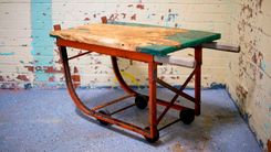 Industrial Design Vintage Orange Barrel Dolly With Live Edge Ambrosia Maple And Resin Top 1 small