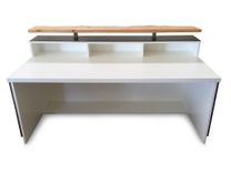 #2 White Reception Desk Or Sales Counter With Distressed Reclaimed Wood And Live Edge Riser 2 small