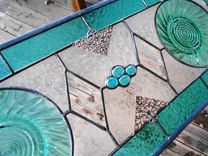 Stained Glass Transom Window, Antique Jeannette Ultramarine Swirl Plate Stained Glass Window Panel 5 small