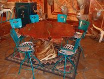 Australian Jarrah Wood Bar, Bistro, Pub Table With Twisted Juniper Log Pedestal And Stone Inlay 1 small