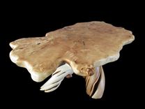 Solid Wood Burl Cottonwood Slab Coffee Table, Turquoise Inlay And Juniper Base. 3 small
